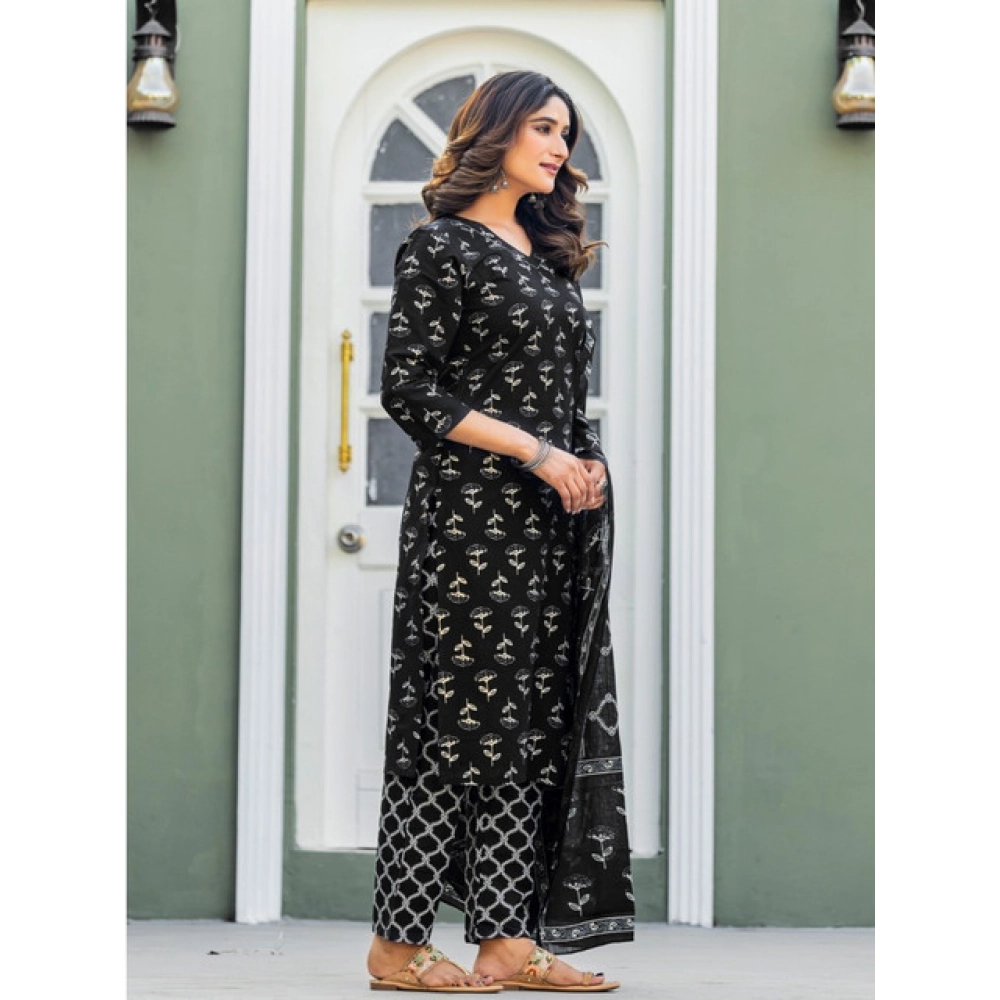 Generic Women's Cotton Blend Printed Kurti With Pant Dupatta Set (Black) - Image 4