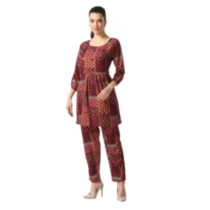 Generic Women's Casual Crepe 3-4th Sleeves Cord Set (Maroon)