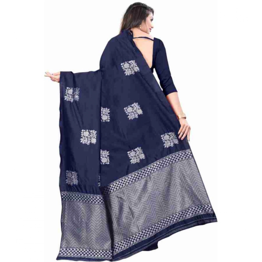 Generic Women's Soft Lichi Silk Printed Saree With Unstitched Blouse 5.5Mtr (Blue) - Image 2