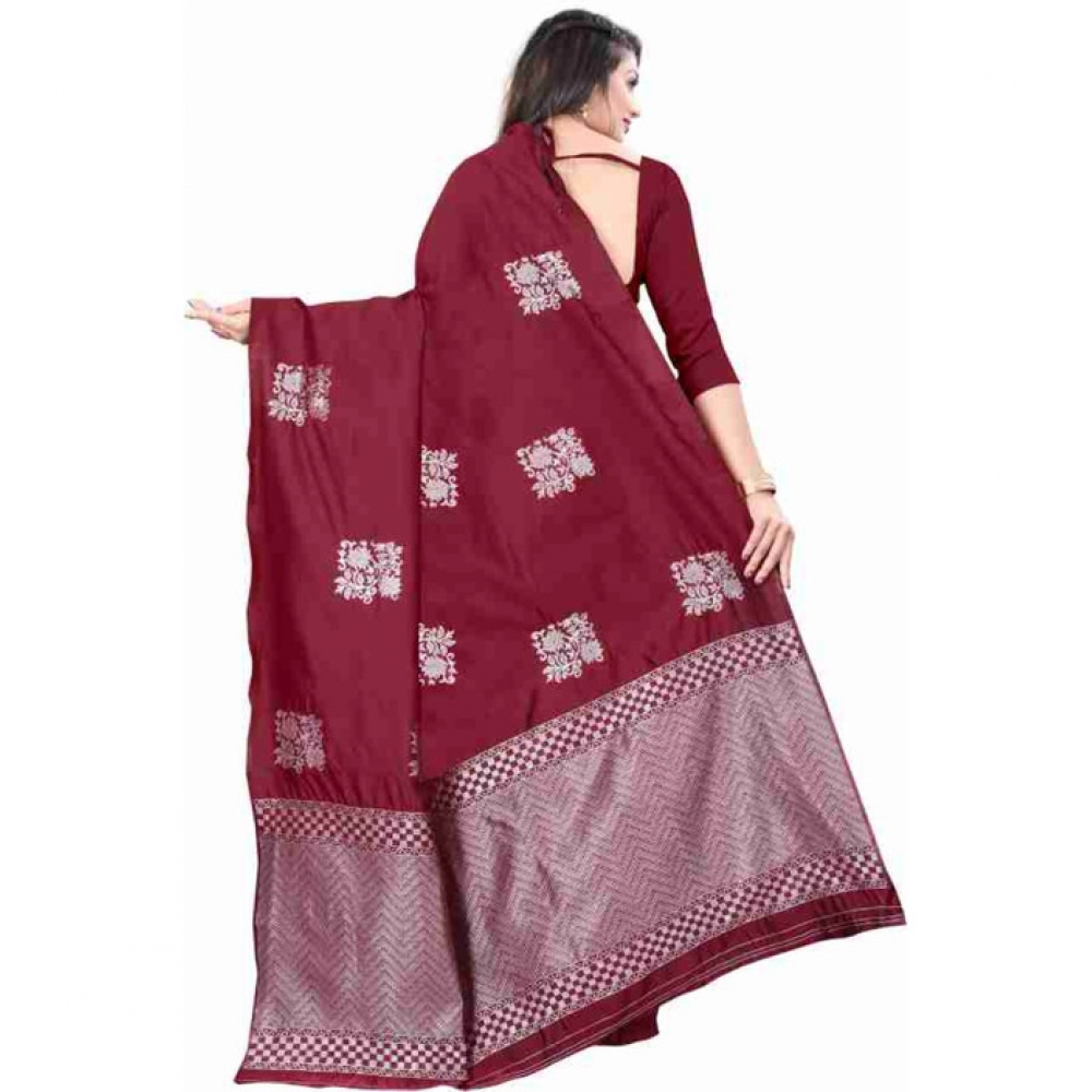 Generic Women's Soft Lichi Silk Printed Saree With Unstitched Blouse 5.5Mtr (Maroon) - Image 2