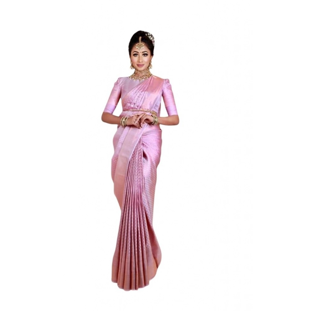 Generic Women's Soft Lichi Silk Printed Saree With Unstitched Blouse 5.5Mtr (Pink)