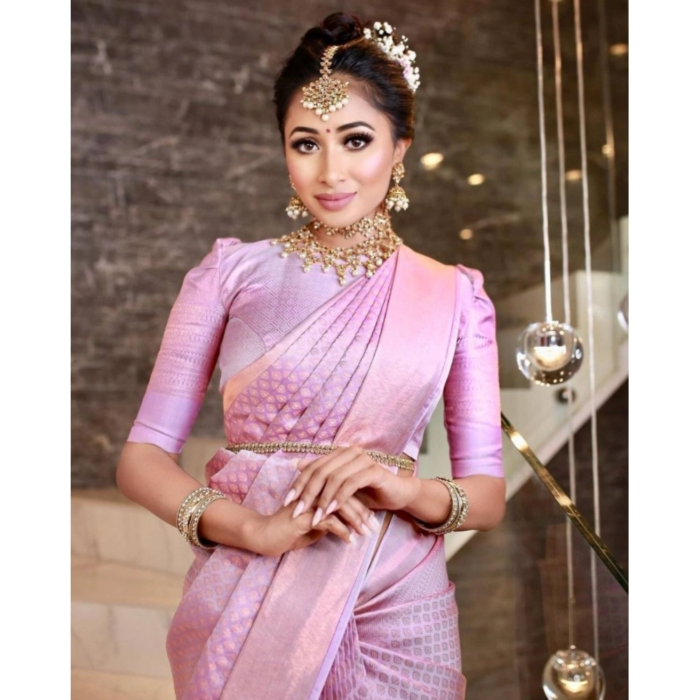 Generic Women's Soft Lichi Silk Printed Saree With Unstitched Blouse 5.5Mtr (Pink) - Image 2