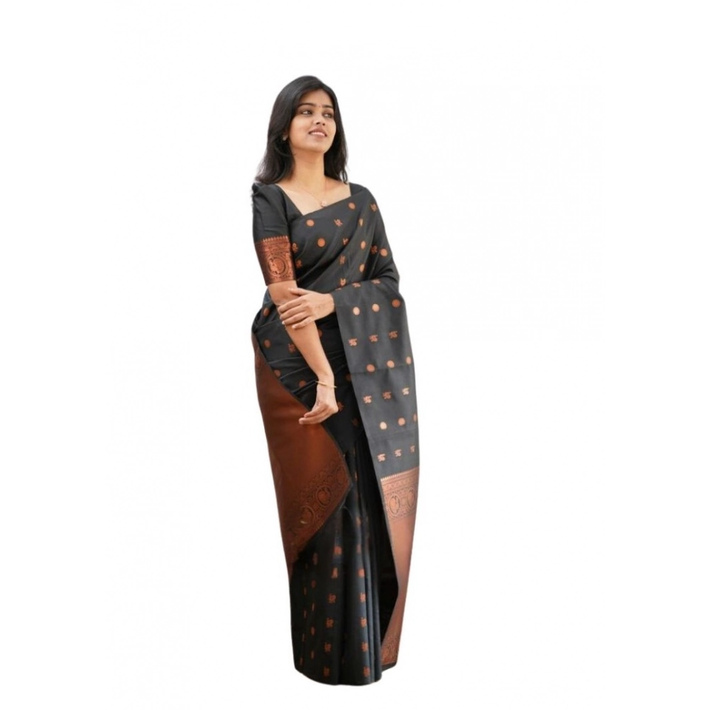 Generic Women's Soft Lichi Silk Printed Saree With Unstitched Blouse 5.5Mtr (Black)