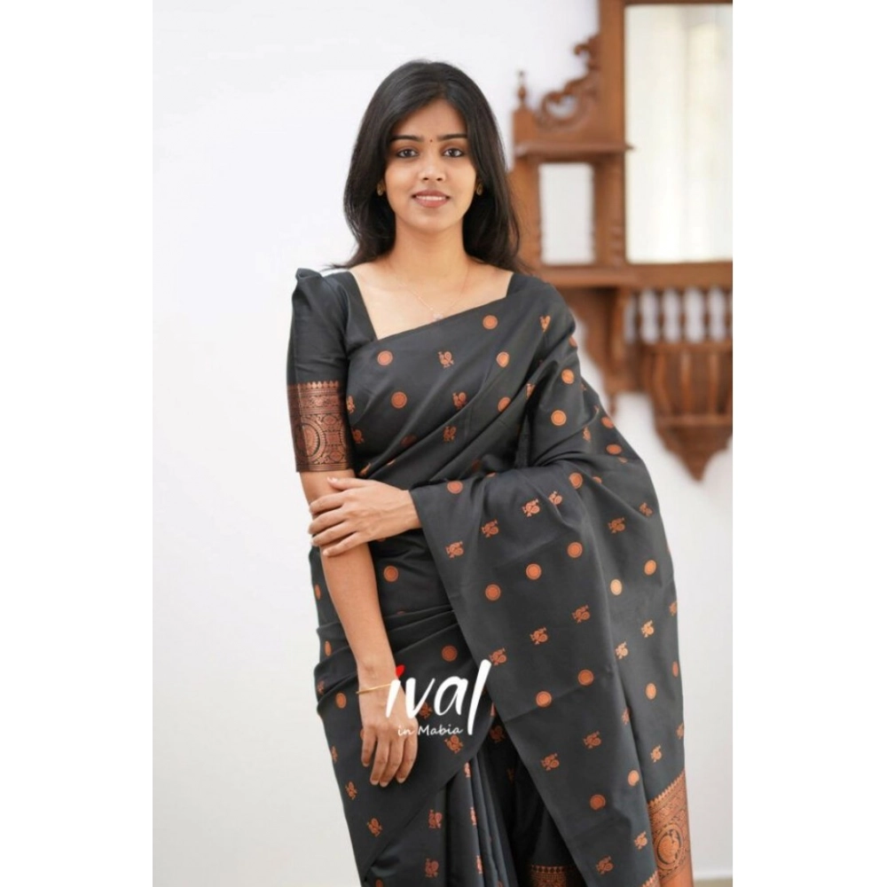 Generic Women's Soft Lichi Silk Printed Saree With Unstitched Blouse 5.5Mtr (Black) - Image 2
