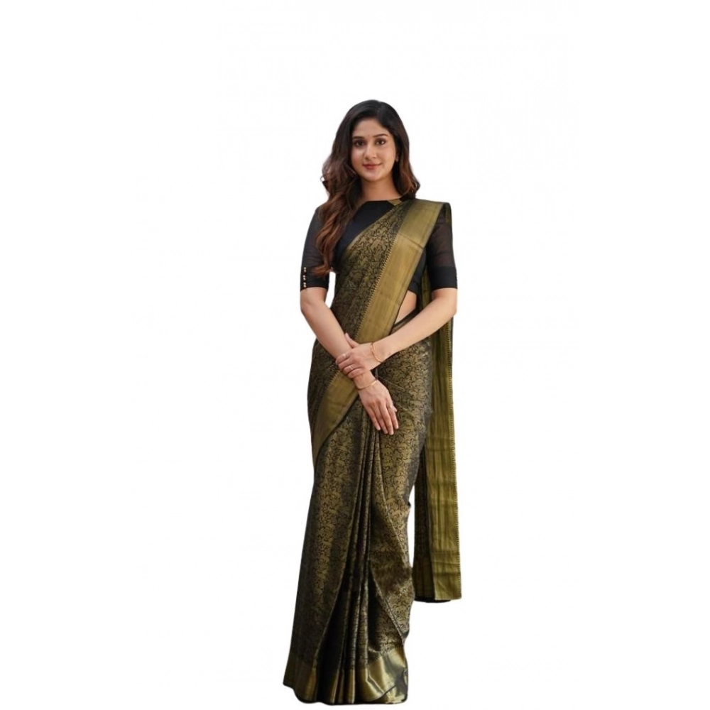Generic Women's Soft Lichi Silk Printed Saree With Unstitched Blouse 5.5Mtr (Green)