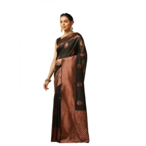 Generic Women's Soft Lichi Silk Printed Saree With Unstitched Blouse 5.5Mtr (Black)