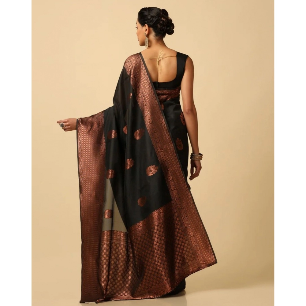 Generic Women's Soft Lichi Silk Printed Saree With Unstitched Blouse 5.5Mtr (Black) - Image 2