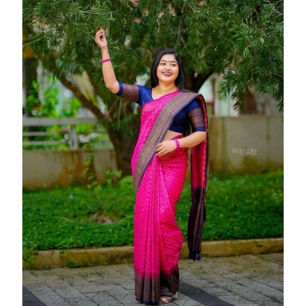 Generic Women's Soft Lichi Silk Printed Saree With Unstitched Blouse 5.5Mtr (Pink) - Image 2