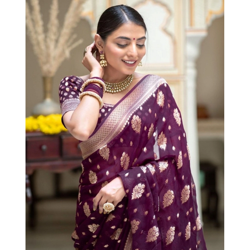 Generic Women's Soft Lichi Silk Printed Saree With Unstitched Blouse 5.5Mtr (Purple) - Image 2