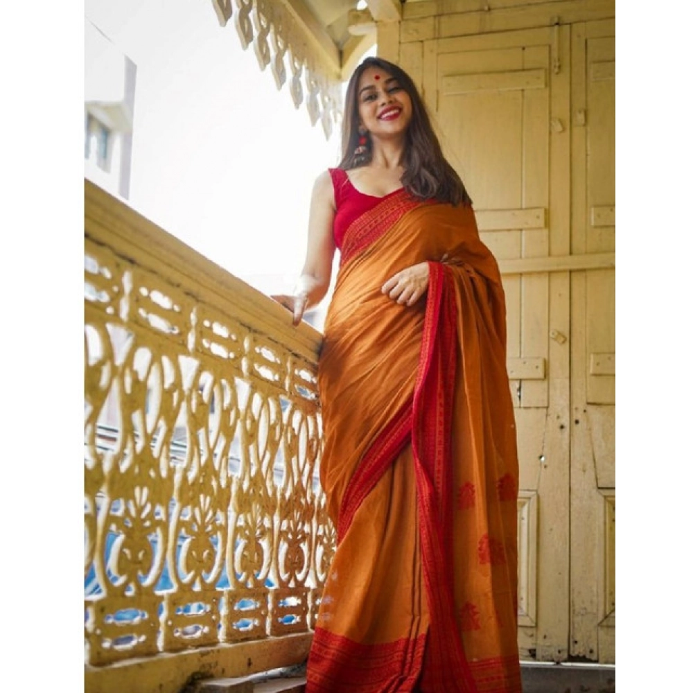 Generic Women's Soft Lilan Printed Saree With Unstitched Blouse 5.5Mtr (Mustard )