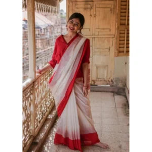 Generic Women's Soft Lilan Printed Saree With Unstitched Blouse 5.5Mtr (White)
