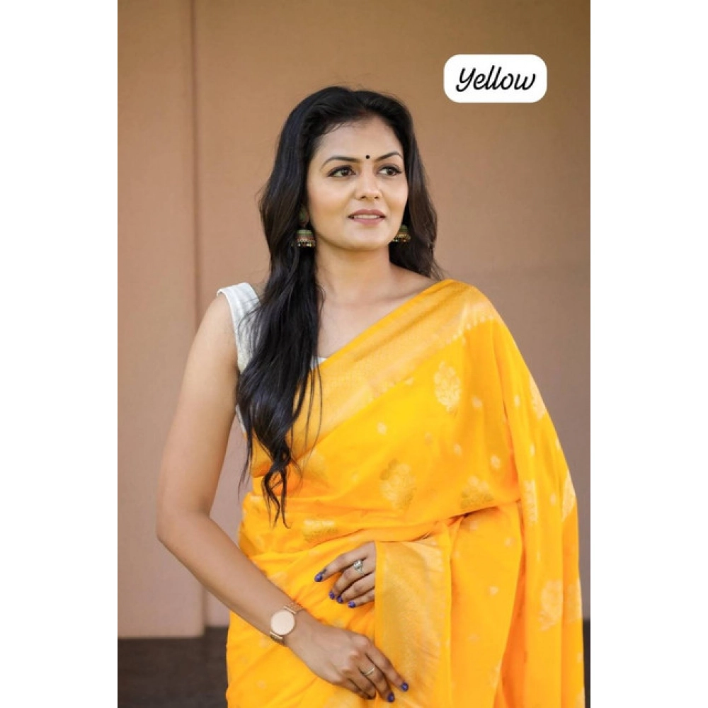 Generic Women's Soft Lichi Silk Printed Saree With Unstitched Blouse 5.5Mtr (Yellow) - Image 2