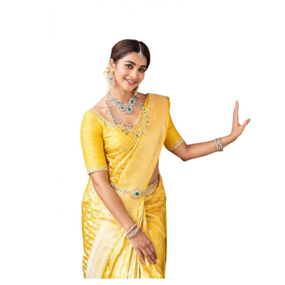 Generic Women's Soft Lichi Silk Printed Saree With Unstitched Blouse 5.5Mtr (Yellow)
