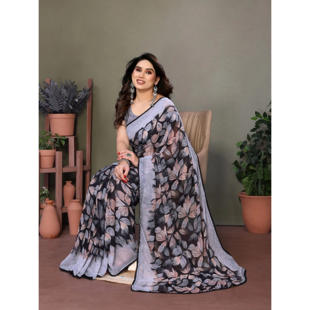 Generic Women's Chiffon Printed Saree With Unstitched Blouse 5.5Mtr (Grey) - Image 2