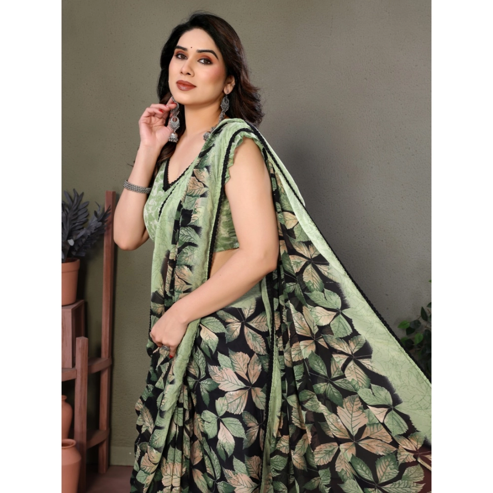 Generic Women's Chiffon Printed Saree With Unstitched Blouse 5.5Mtr (Green) - Image 3