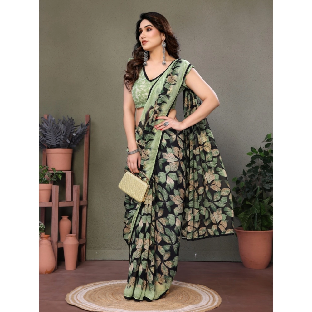 Generic Women's Chiffon Printed Saree With Unstitched Blouse 5.5Mtr (Green) - Image 2