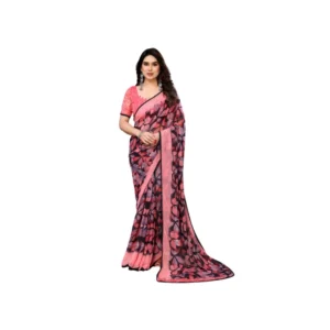 Generic Women's Chiffon Printed Saree With Unstitched Blouse 5.5Mtr (Pink)