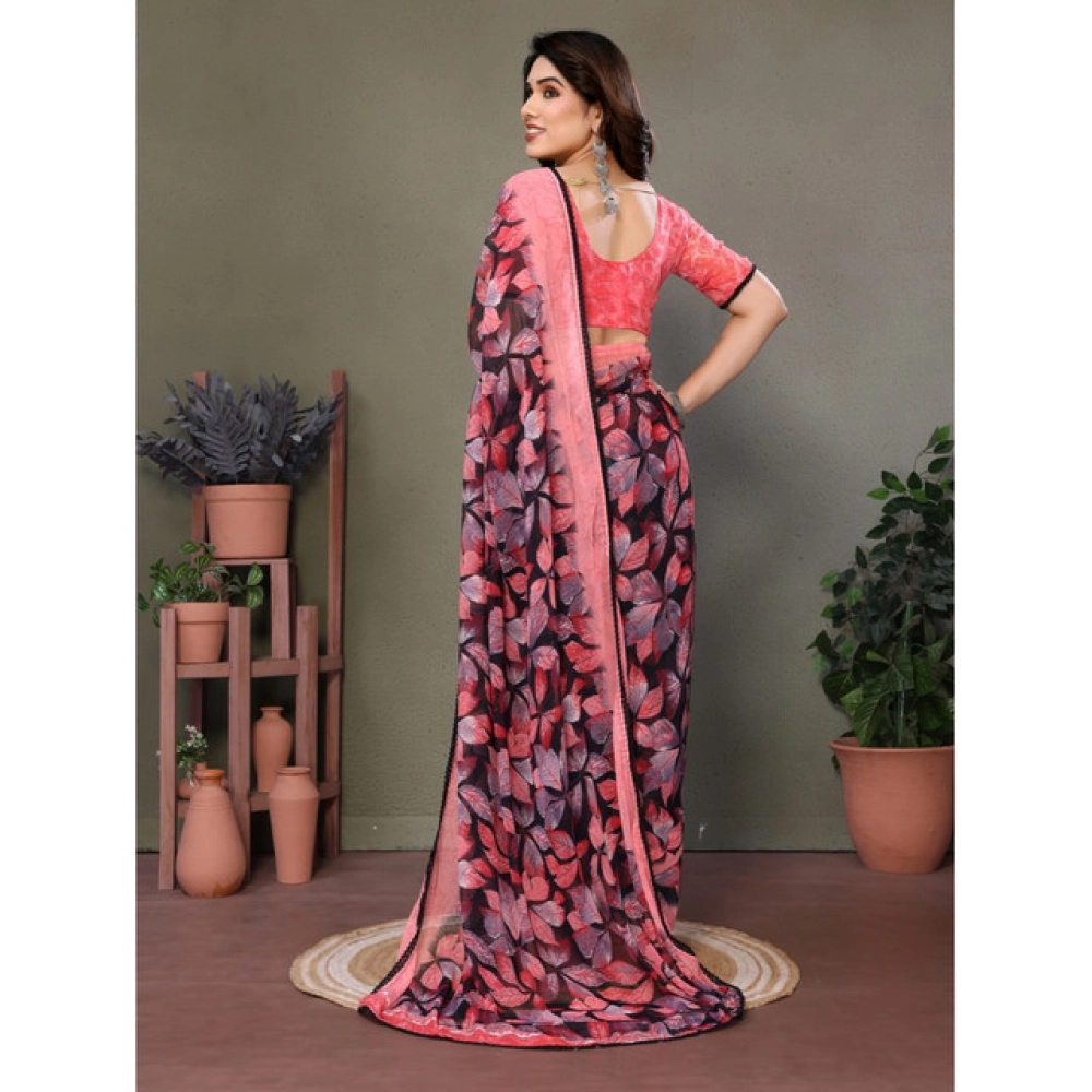 Generic Women's Chiffon Printed Saree With Unstitched Blouse 5.5Mtr (Pink) - Image 3