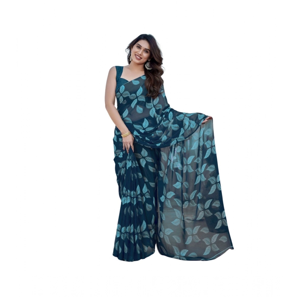 Generic Women's Chiffon Printed Saree With Unstitched Blouse 5.5Mtr (Blue)