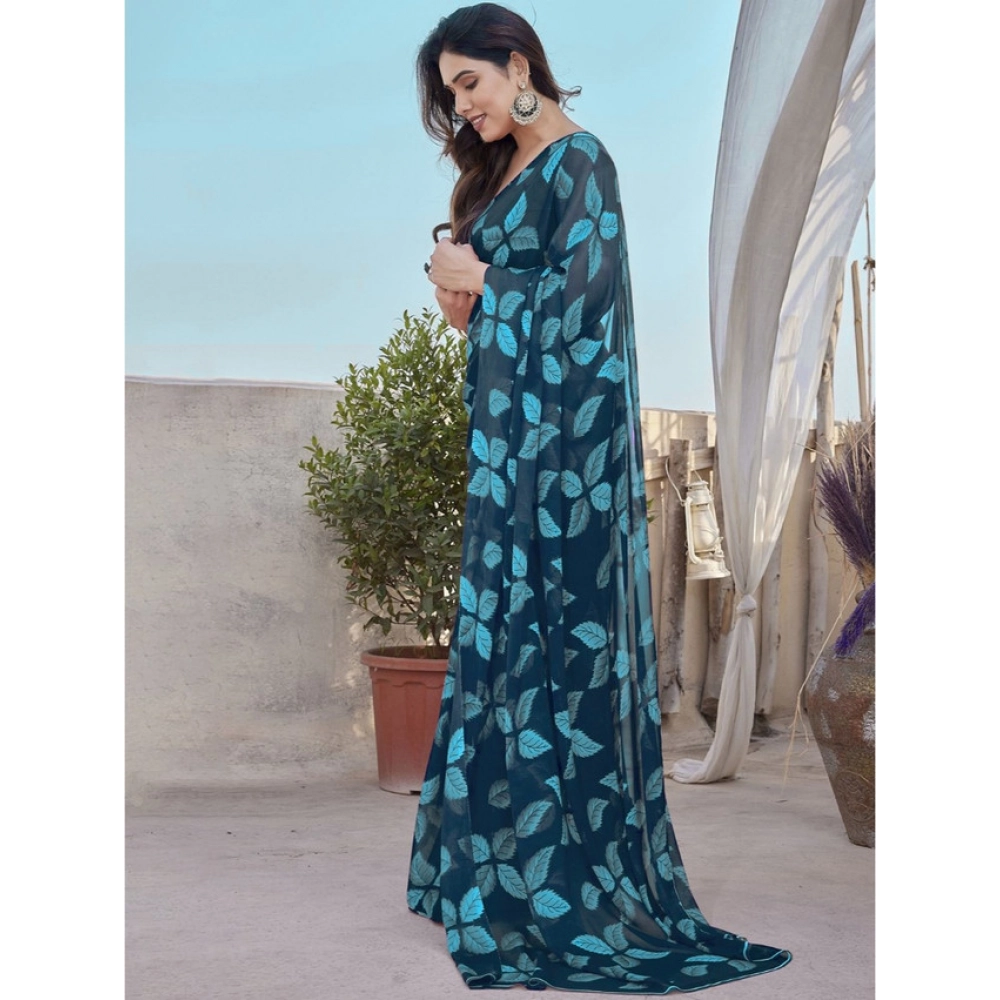 Generic Women's Chiffon Printed Saree With Unstitched Blouse 5.5Mtr (Blue) - Image 3