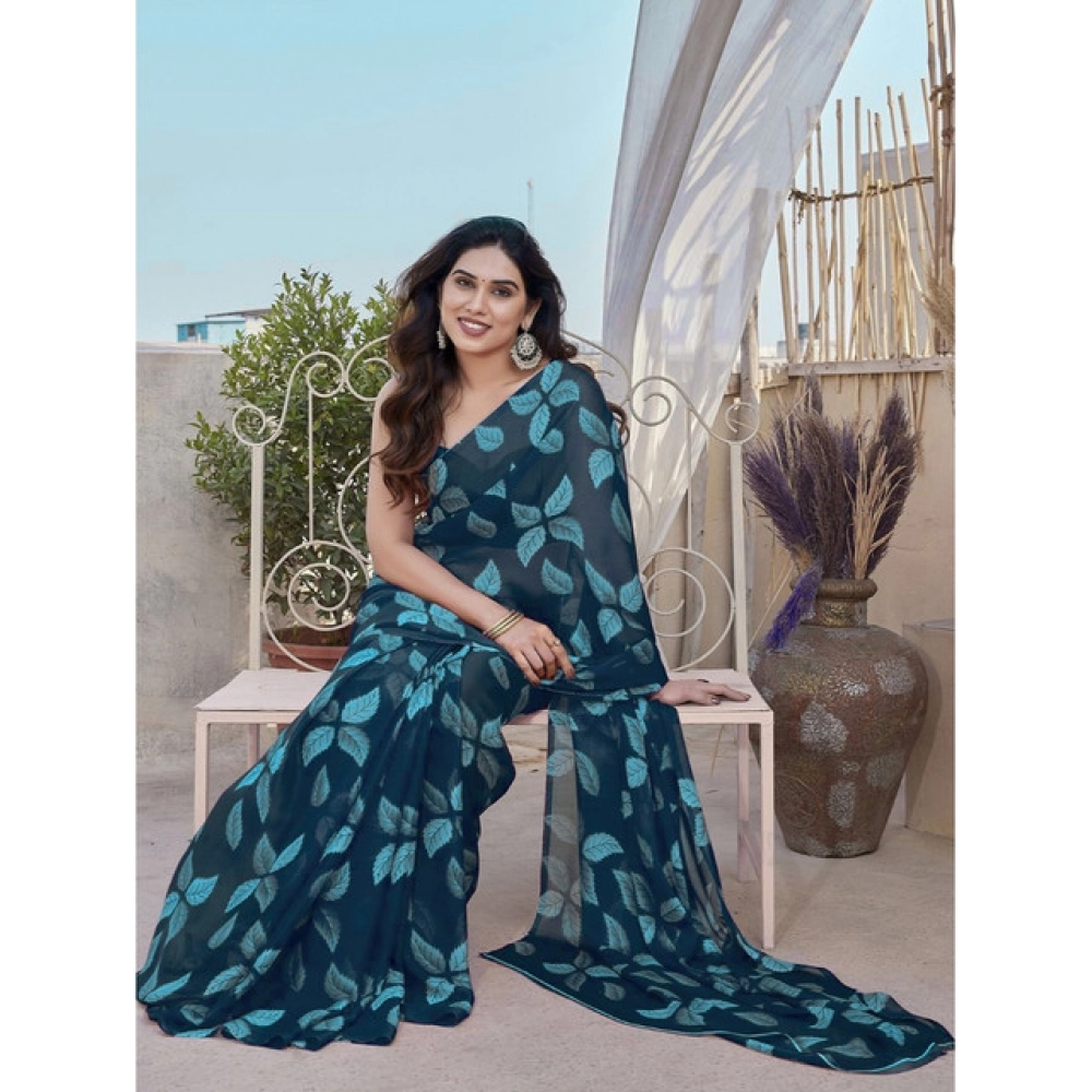 Generic Women's Chiffon Printed Saree With Unstitched Blouse 5.5Mtr (Blue) - Image 2