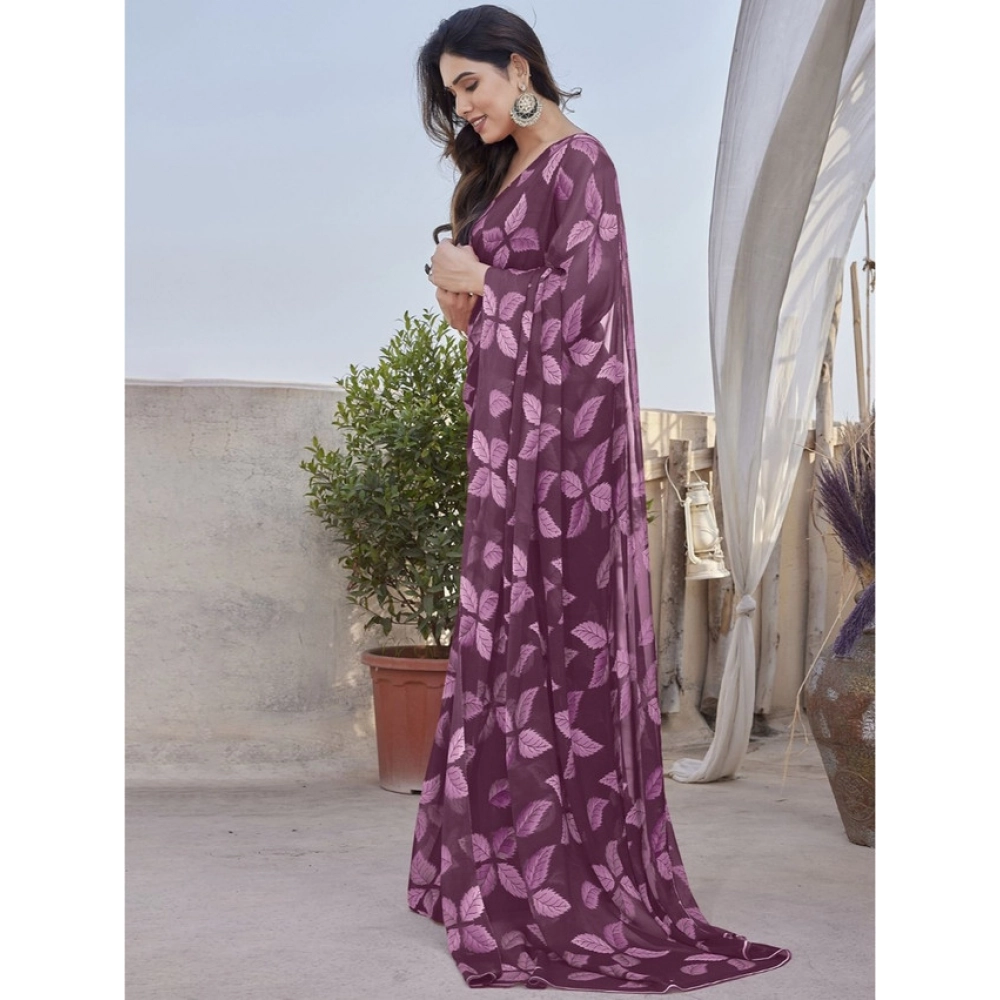 Generic Women's Chiffon Printed Saree With Unstitched Blouse 5.5Mtr (Purple) - Image 2