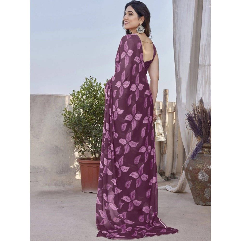 Generic Women's Chiffon Printed Saree With Unstitched Blouse 5.5Mtr (Purple) - Image 4
