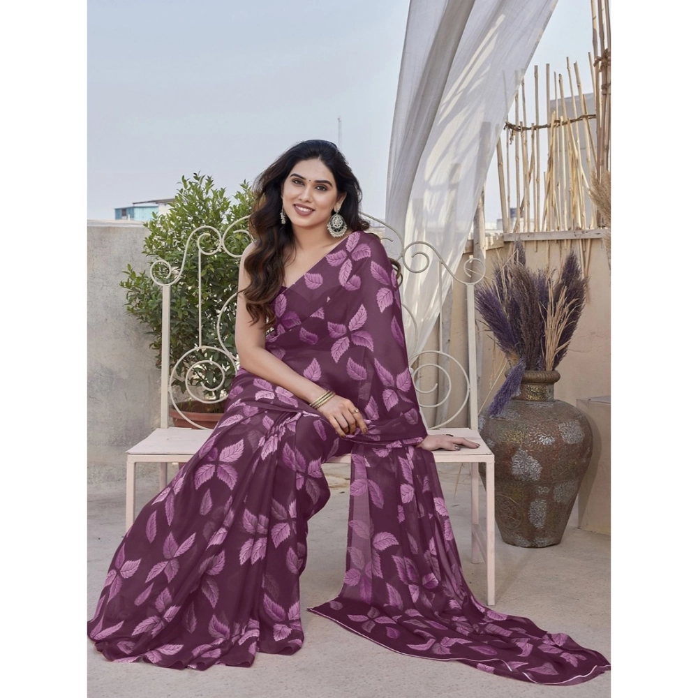 Generic Women's Chiffon Printed Saree With Unstitched Blouse 5.5Mtr (Purple) - Image 3