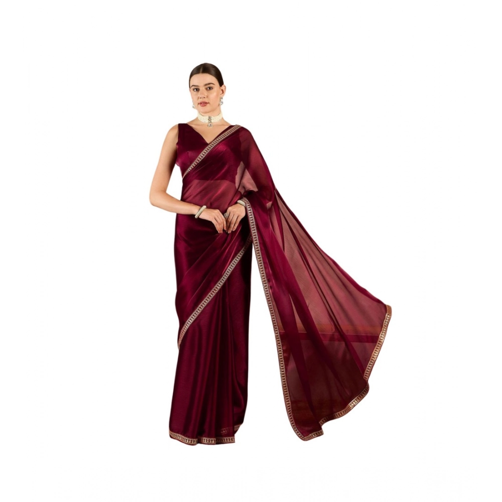 Generic Women's Jimmy Choo solid Saree With Unstitched Blouse 5.5Mtr (Wine )