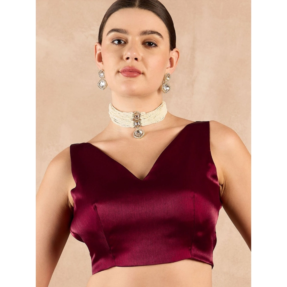 Generic Women's Jimmy Choo solid Saree With Unstitched Blouse 5.5Mtr (Wine ) - Image 3