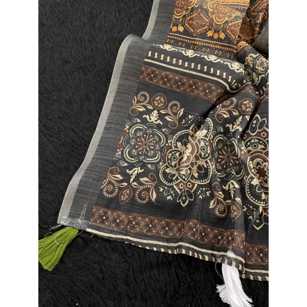 Generic Women's Linen Cotton Printed Saree With Unstitched Blouse 5.5Mtr (Beige) - Image 3
