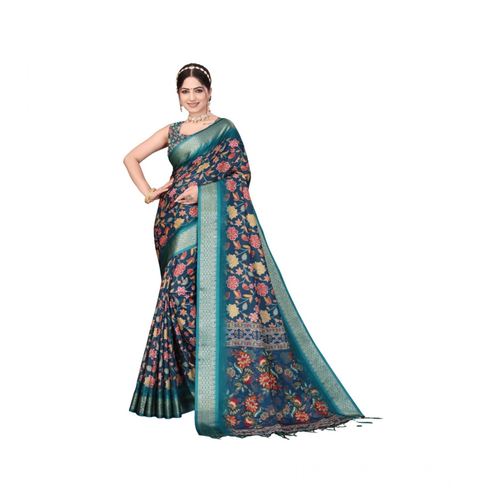 Generic Women's Cotton Silk Printed Saree With Unstitched Blouse 5.5Mtr (Blue)