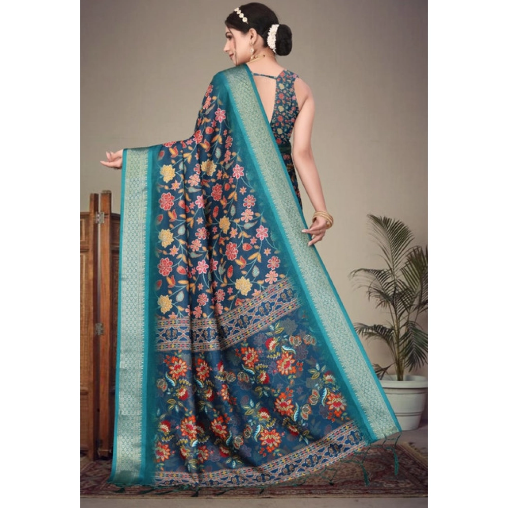 Generic Women's Cotton Silk Printed Saree With Unstitched Blouse 5.5Mtr (Blue) - Image 2