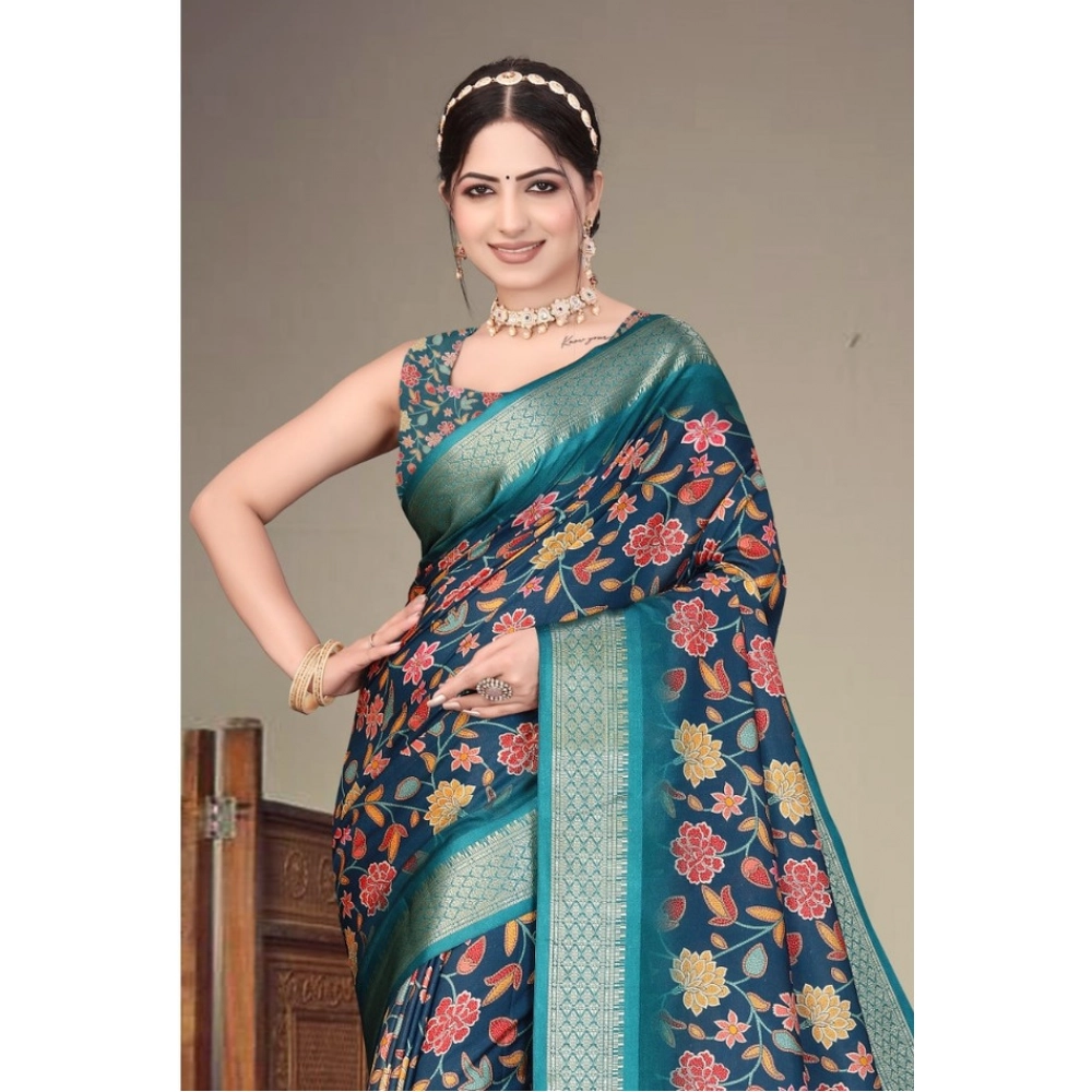 Generic Women's Cotton Silk Printed Saree With Unstitched Blouse 5.5Mtr (Blue) - Image 4