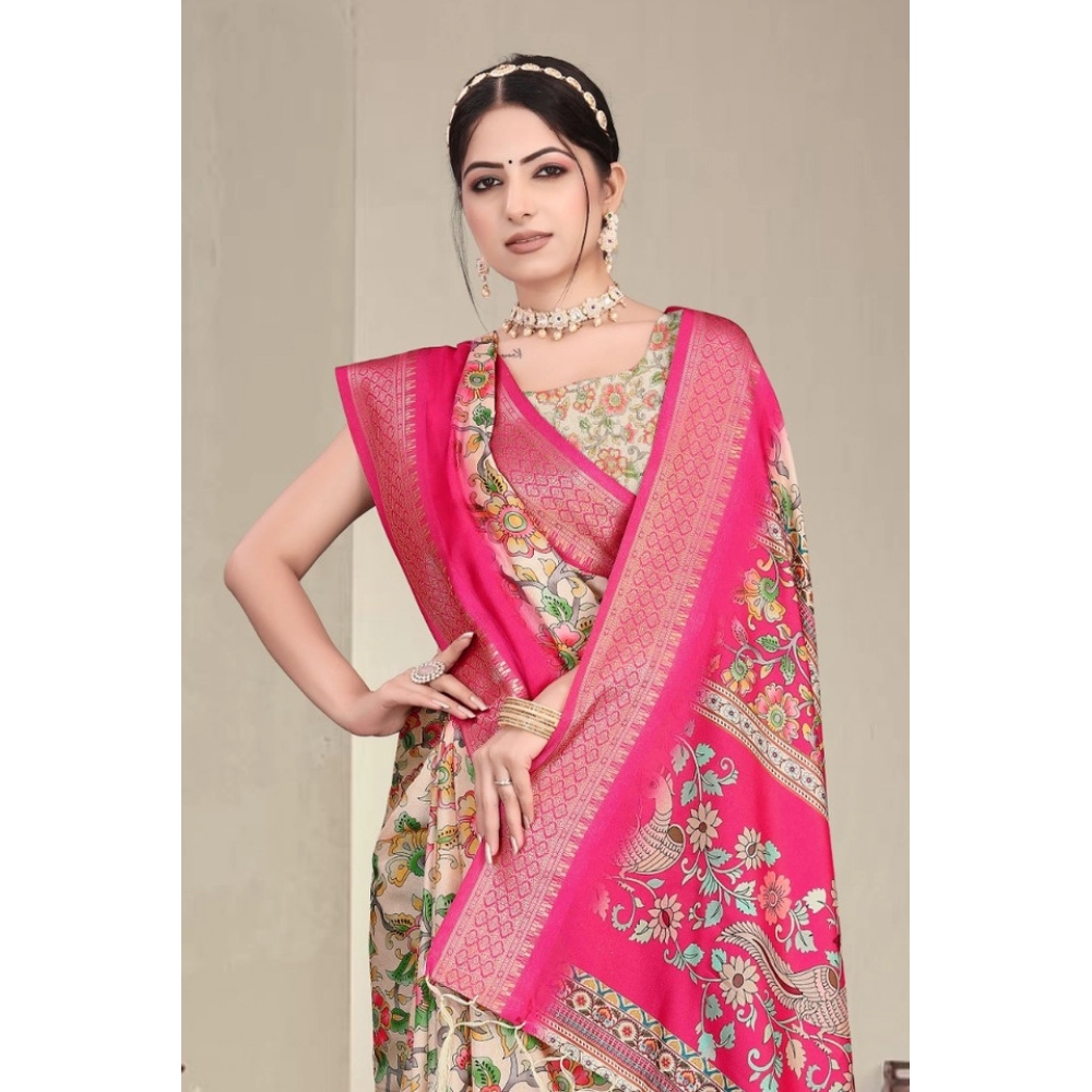 Generic Women's Cotton Silk Printed Saree With Unstitched Blouse 5.5Mtr (Pink) - Image 3