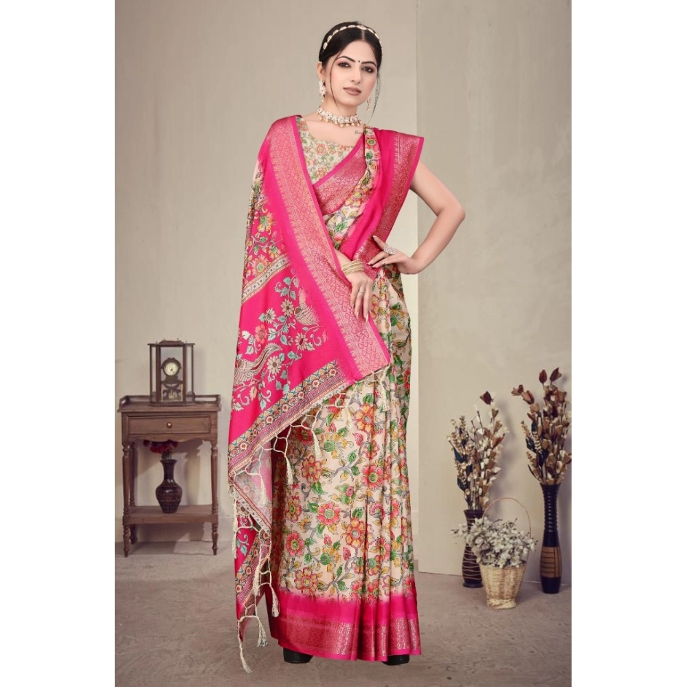 Generic Women's Cotton Silk Printed Saree With Unstitched Blouse 5.5Mtr (Pink) - Image 2