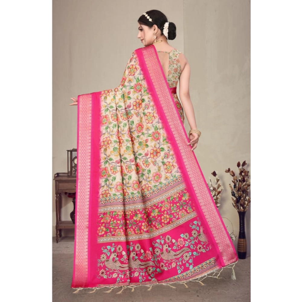 Generic Women's Cotton Silk Printed Saree With Unstitched Blouse 5.5Mtr (Pink) - Image 4