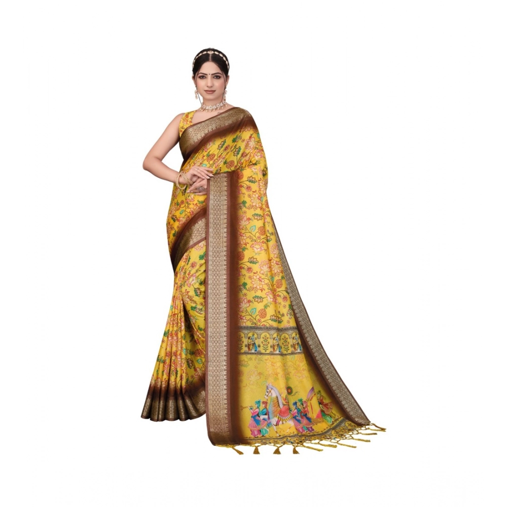 Generic Women's Cotton Silk Printed Saree With Unstitched Blouse 5.5Mtr (Yellow)