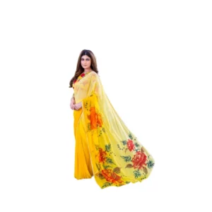 Generic Women's Georgette Printed Saree With Unstitched Blouse 5.5Mtr (Yellow)