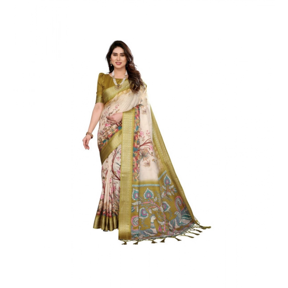 Generic Women's Cotton Silk Printed Saree With Unstitched Blouse 5.5Mtr (Olive Green)