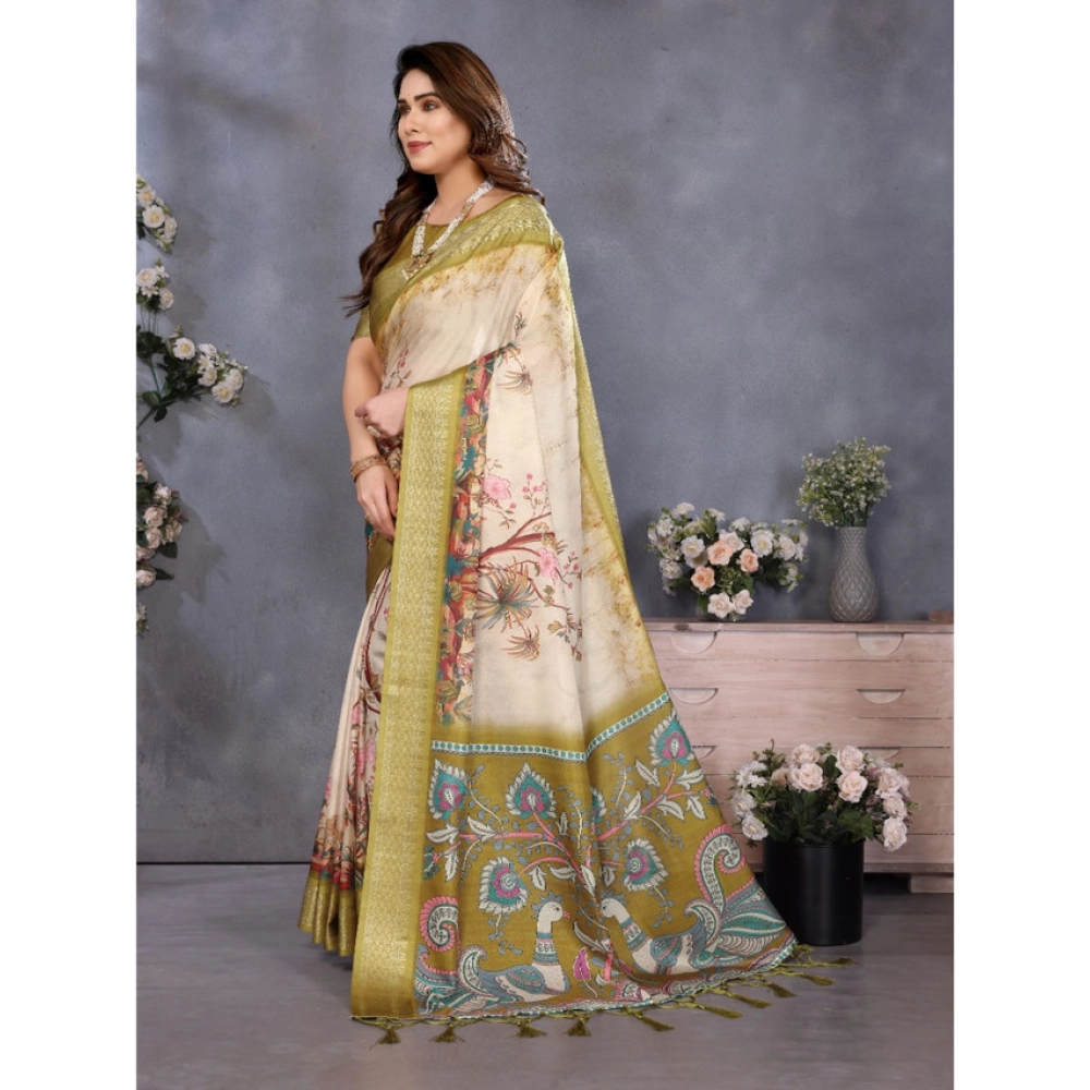 Generic Women's Cotton Silk Printed Saree With Unstitched Blouse 5.5Mtr (Olive Green) - Image 4