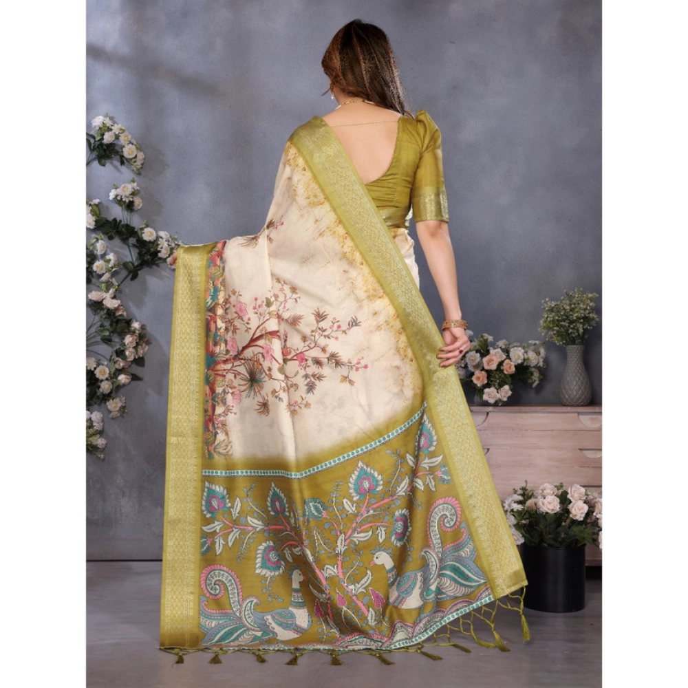Generic Women's Cotton Silk Printed Saree With Unstitched Blouse 5.5Mtr (Olive Green) - Image 2