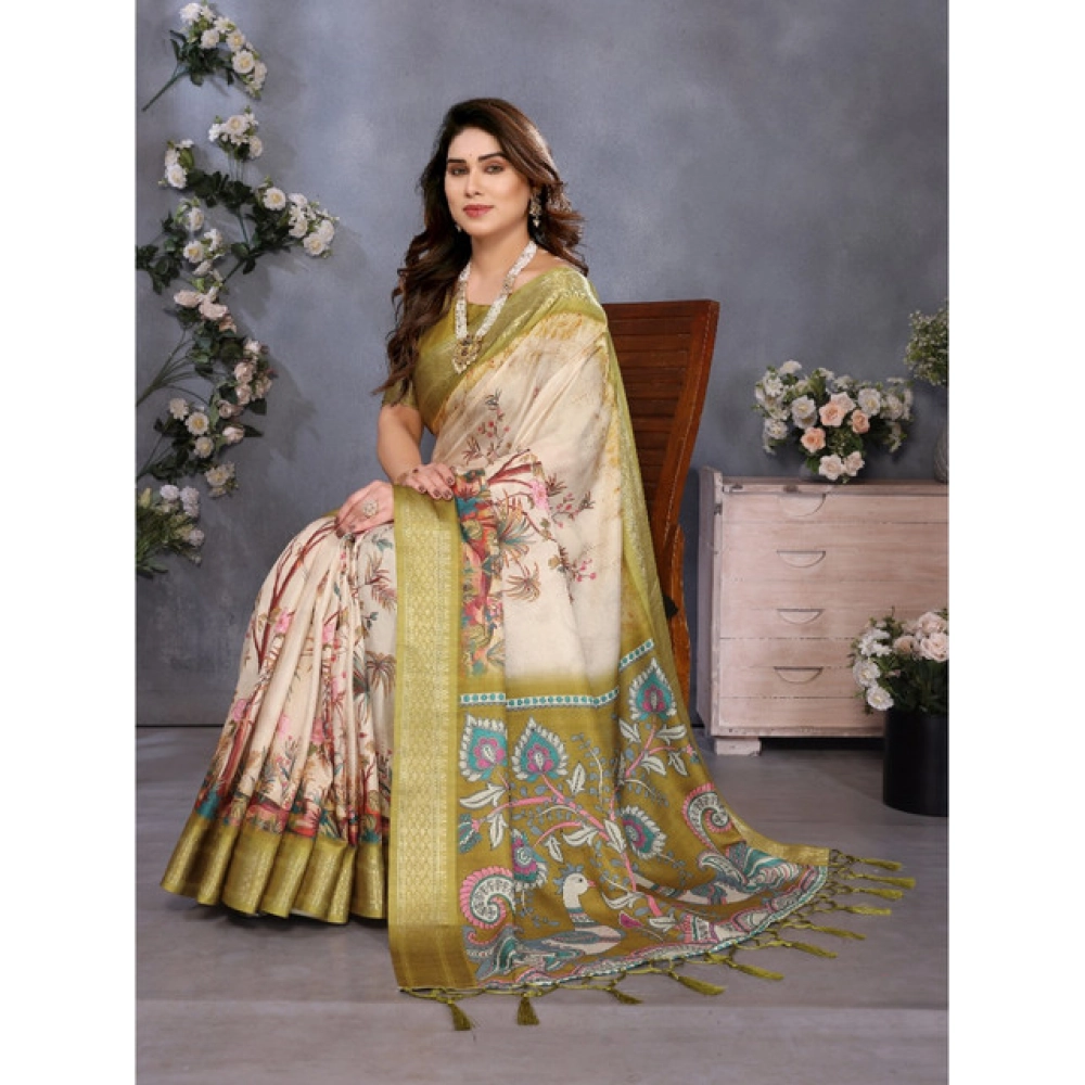 Generic Women's Cotton Silk Printed Saree With Unstitched Blouse 5.5Mtr (Olive Green) - Image 3