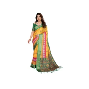 Generic Women's Cotton Silk Printed Saree With Unstitched Blouse 5.5Mtr (Yellow)
