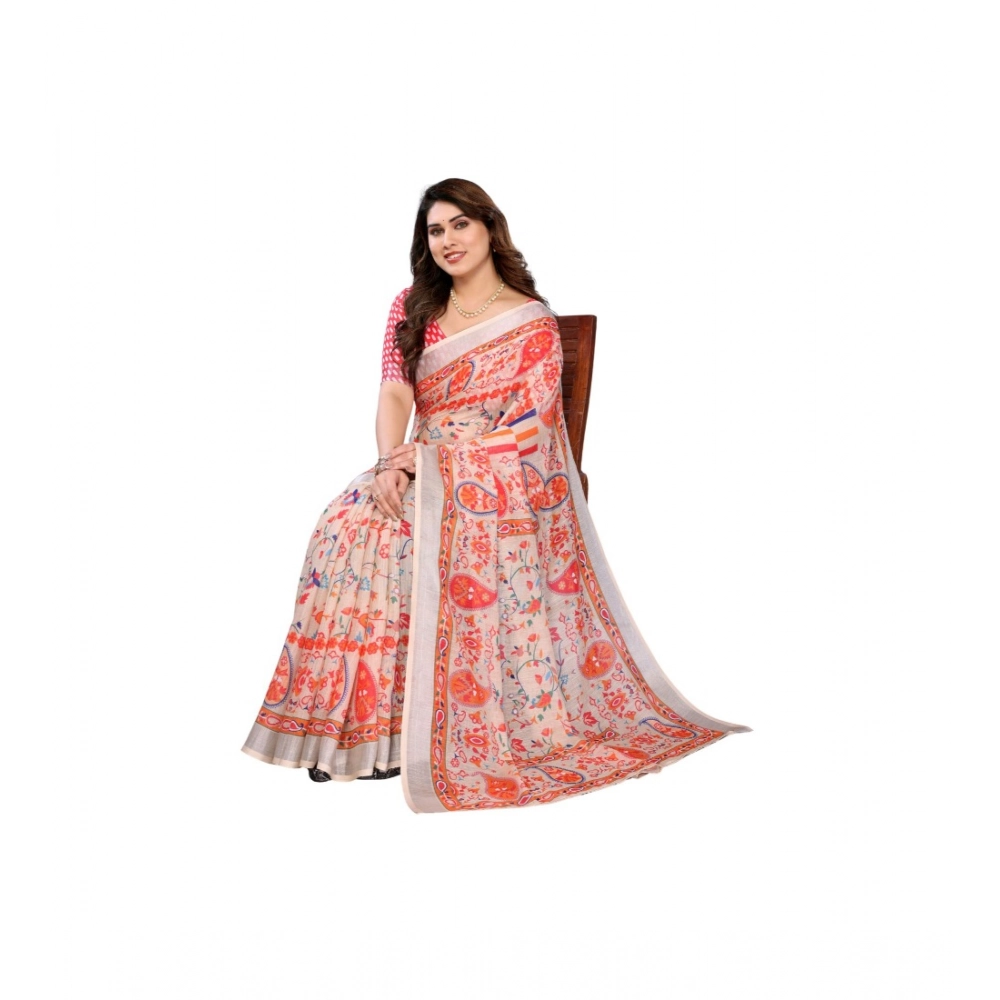 Generic Women's Linen Cotton Printed Saree With Unstitched Blouse 5.5Mtr (Orange )