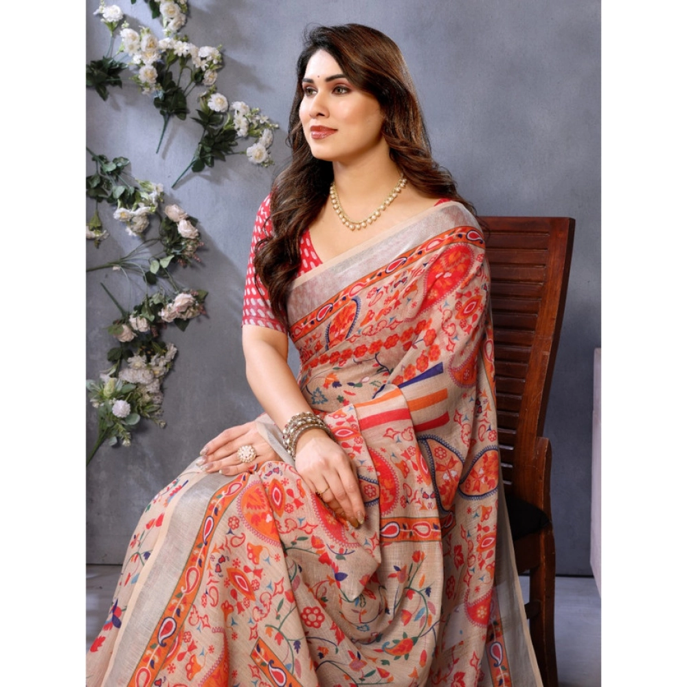 Generic Women's Linen Cotton Printed Saree With Unstitched Blouse 5.5Mtr (Orange ) - Image 3