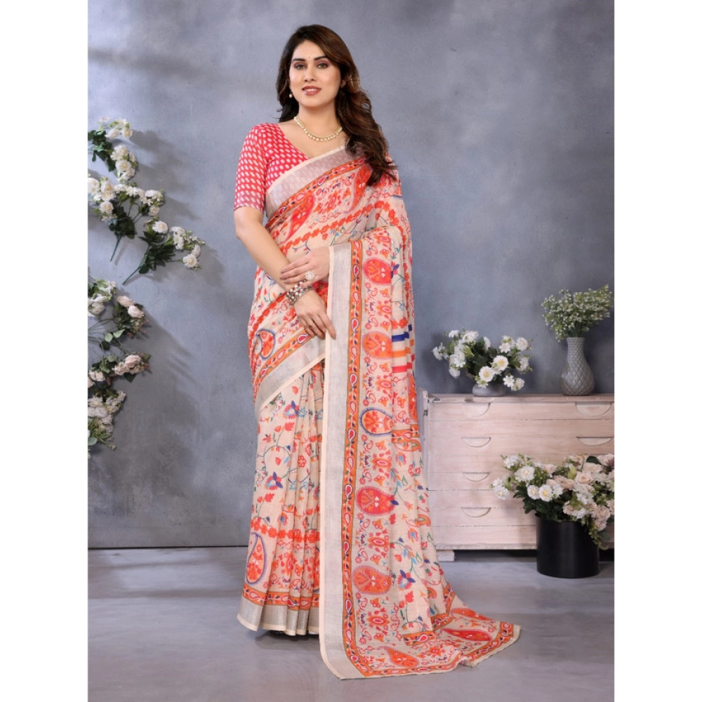 Generic Women's Linen Cotton Printed Saree With Unstitched Blouse 5.5Mtr (Orange ) - Image 2