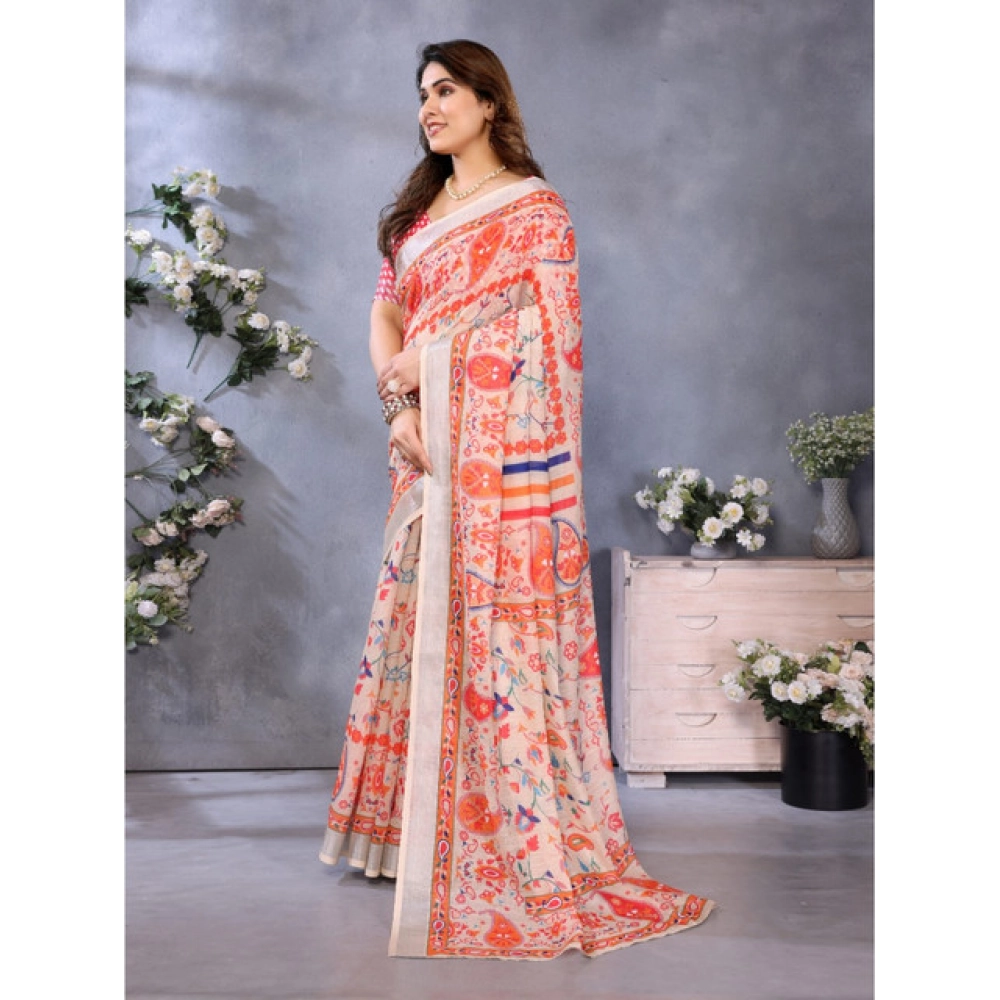 Generic Women's Linen Cotton Printed Saree With Unstitched Blouse 5.5Mtr (Orange ) - Image 4