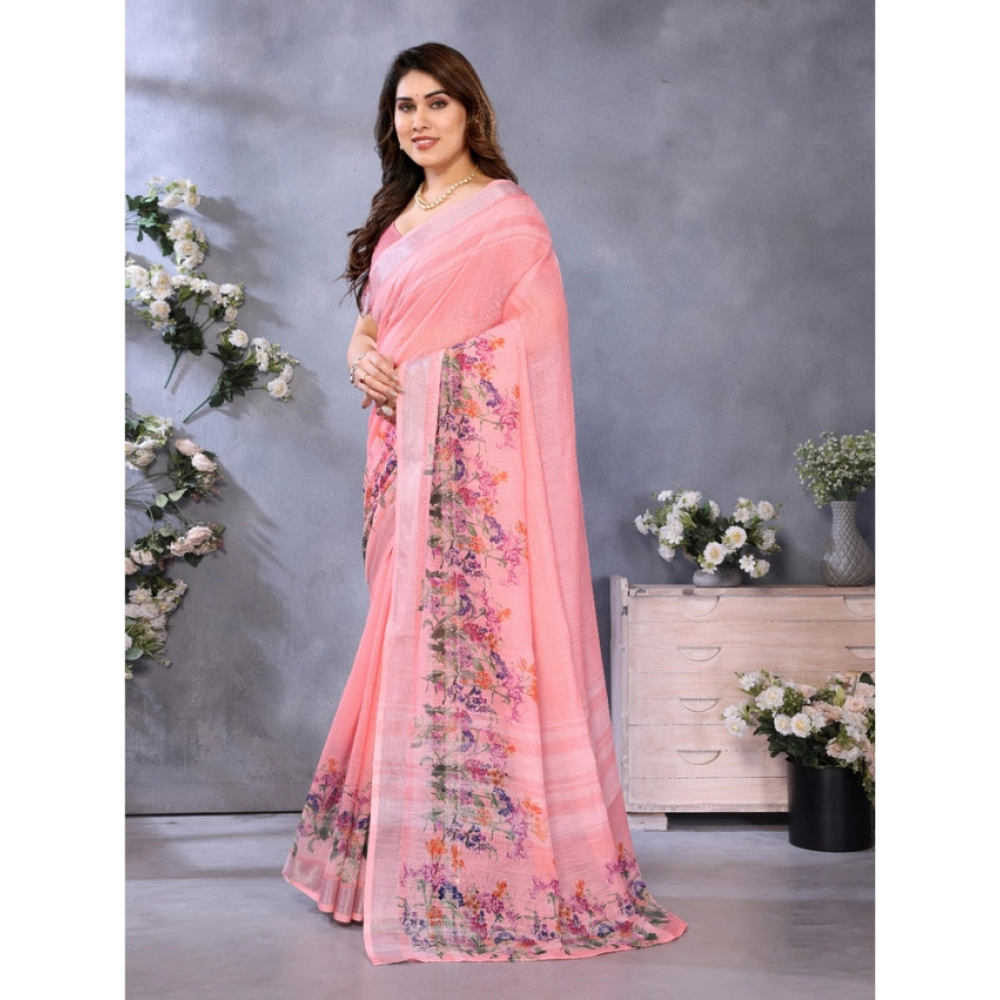 Generic Women's Linen Cotton Printed Saree With Unstitched Blouse 5.5Mtr (Peach) - Image 2