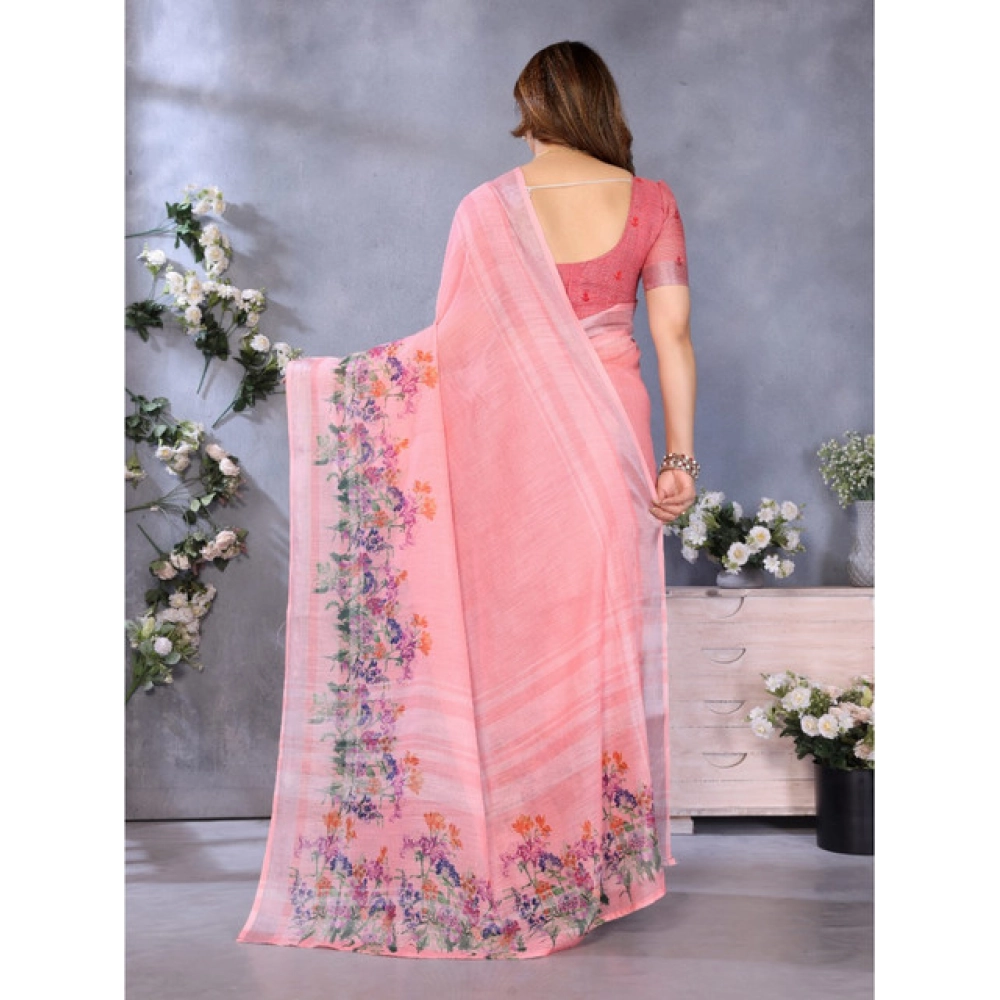 Generic Women's Linen Cotton Printed Saree With Unstitched Blouse 5.5Mtr (Peach) - Image 4